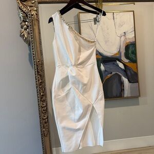 Elegant One-Shoulder White Dress with Pearl Detail